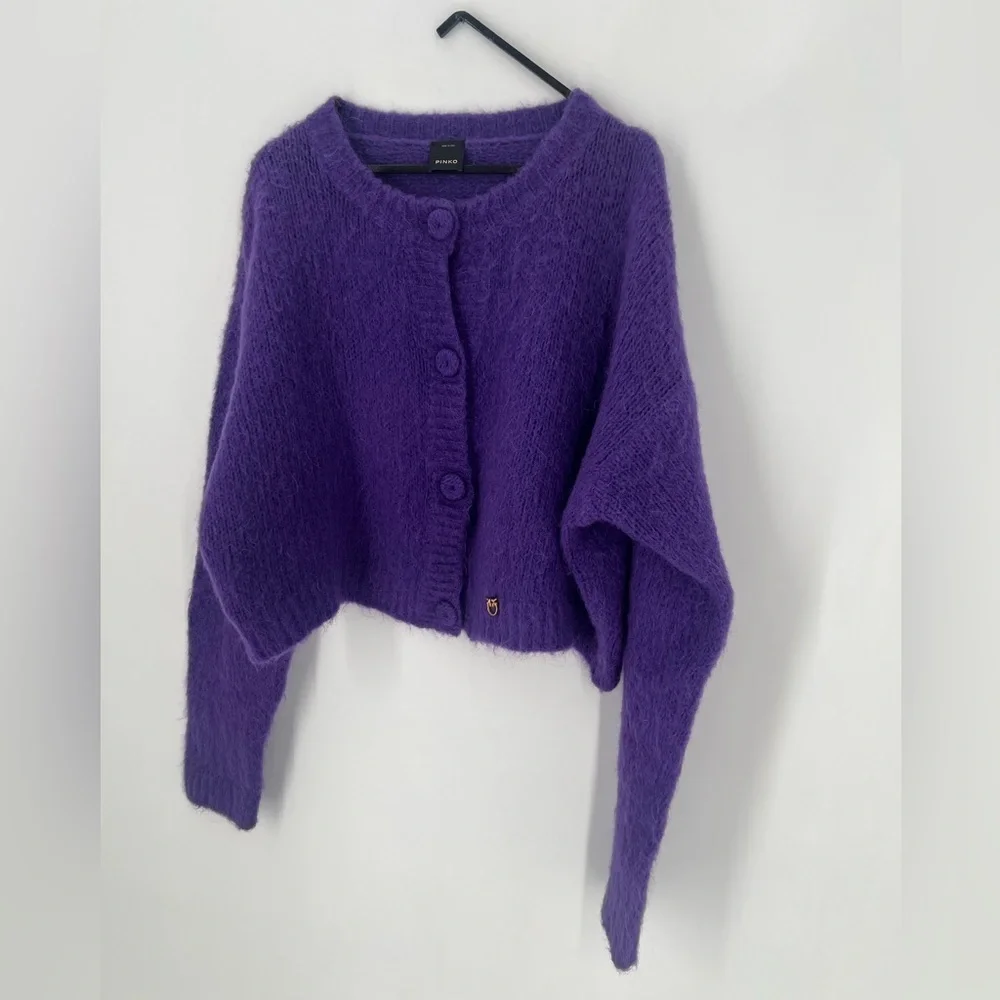 Pinko Mohair Wool Blend Purple Button Up Cropped Logo Plaque Soft Cardigan